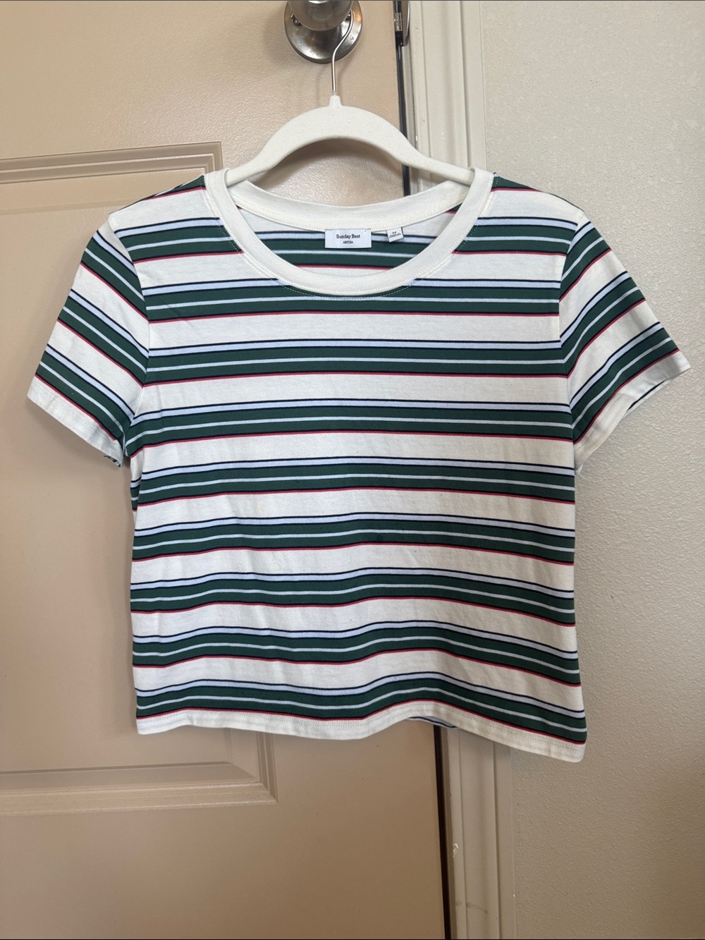 Aritzia Sunday Best Striped Crewneck in White, Dark Green, Light Blue & Red